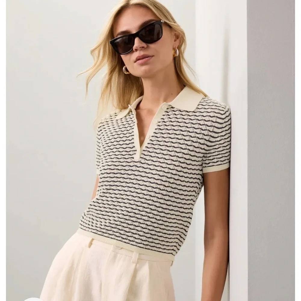 Club Monaco Diamond Pointelle Polo Top Black White Stripe Knit Short Sleeve Sz S